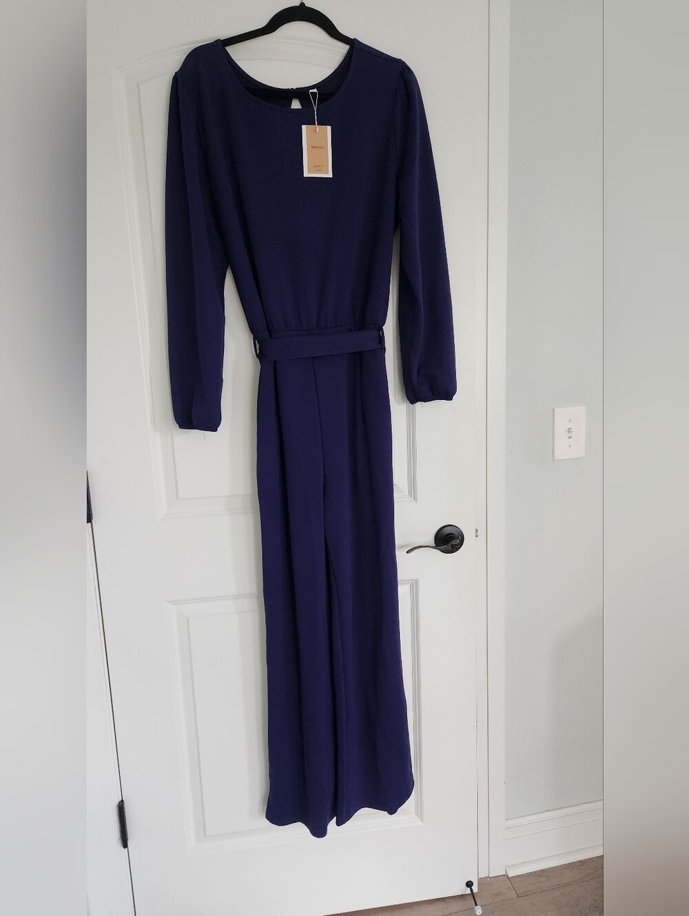 Long-Sleeve Blue Belted Jumpsuit